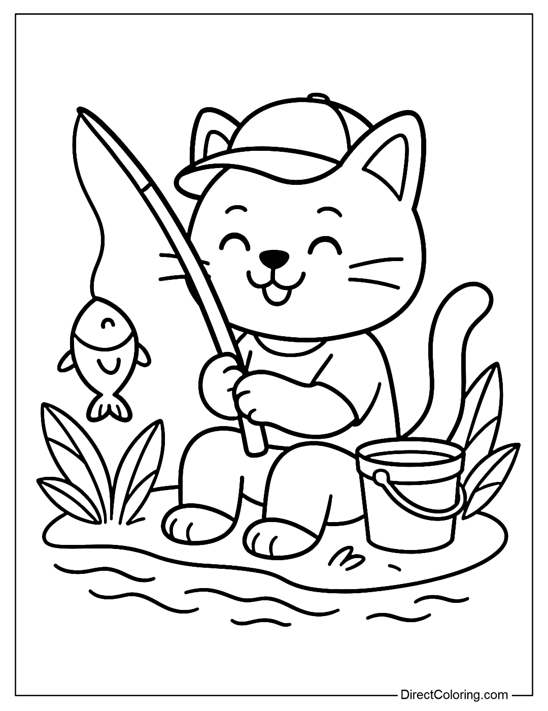A coloring page of a cat wearing a baseball cap fishing, with a smiling fish face and a slightly curved fishing rod.